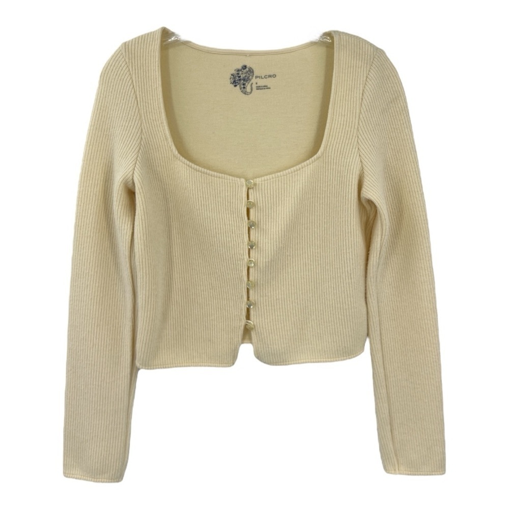 Pilcro Square Neck Cropped Button Cardigan Beige SZ S